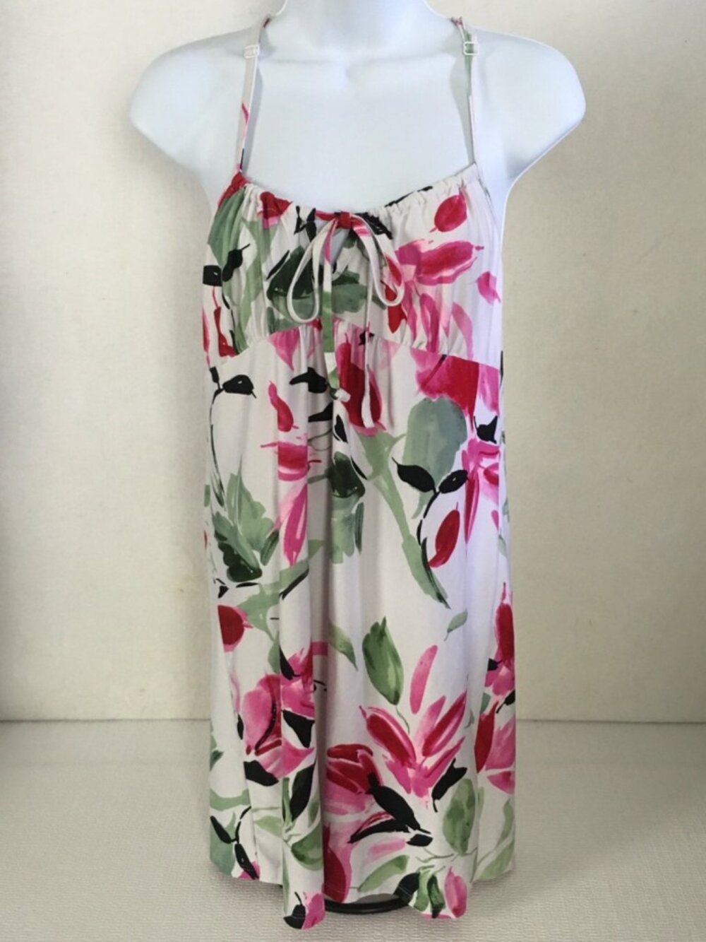 Secret Treasures Tank Top Women Size S White w Red Pink Flowers Lace Racerback